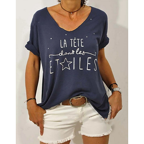 

Women's T shirt Letter Round Neck Tops Cotton Blue Red Yellow