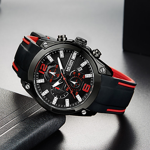 

MEGIR Men's Sport Watch Quartz Modern Style Sporty Silicone Black 30 m Calendar / date / day Chronograph Noctilucent Analog Cool Big Face - Black Two Years Battery Life / Large Dial