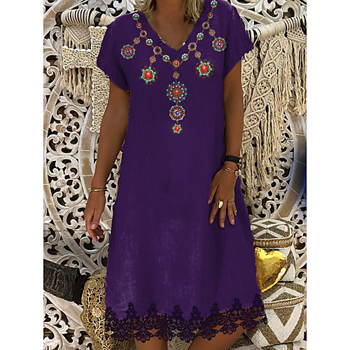 

Women's Shift Dress Knee Length Dress - Short Sleeves Floral Print Summer Casual Daily 2020 Purple M L XL XXL XXXL