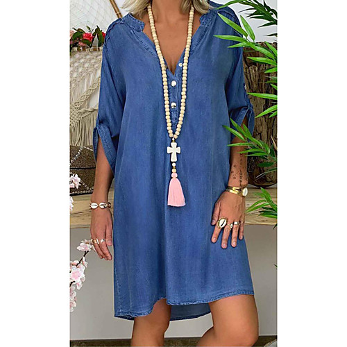 

Women's Shirt Dress Denim Knee Length Dress - Short Sleeves Plain Summer V Neck Casual Boho Vacation Denim 2020 Blue S M L XL