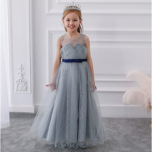 

Princess / Ball Gown Round Floor Length Tulle Junior Bridesmaid Dress with Bow(s)