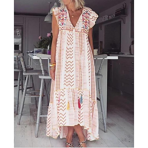 

Women's A-Line Dress Maxi long Dress - Short Sleeves Print Summer Casual Chinoiserie 2020 Blushing Pink S M L XL XXL