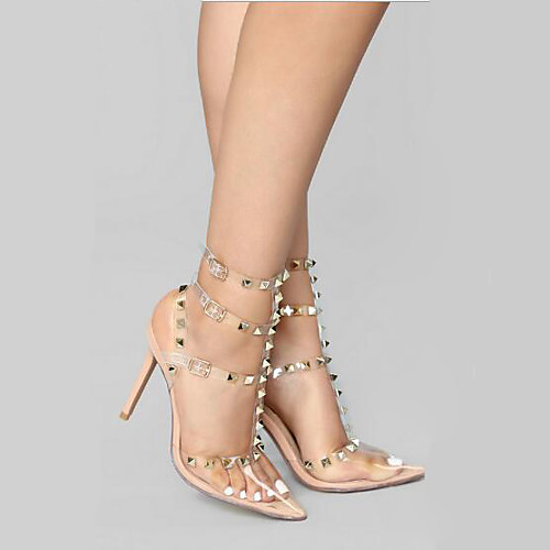 

Women's Heels Summer Pumps Pointed Toe Daily Rivet PU Almond