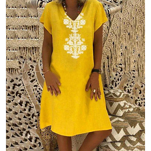 

Women's A-Line Dress Knee Length Dress - Short Sleeves Geometric Summer V Neck Work 2020 Wine Black Yellow Orange Khaki Green Light Blue S M L XL XXL XXXL XXXXL XXXXXL