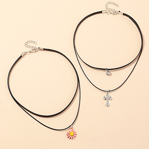 

Women's Pendant Necklace Necklace Layered Necklace Stacking Stackable Cross Daisy Simple Classic Trendy Sweet Chrome Black 39 cm Necklace Jewelry 2pcs For Wedding Street Birthday Party Beach Festival