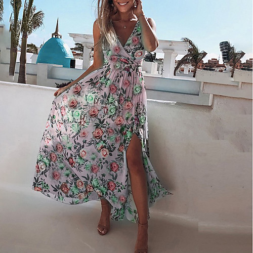 

Women's Chiffon Dress Maxi long Dress - Sleeveless Floral Summer Sexy 2020 Yellow Blushing Pink Light Green S M L XL