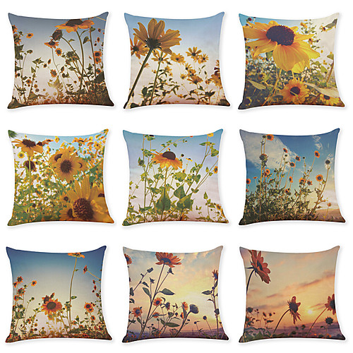 

9 pcs Faux Linen Pillow Cover, Sunflower Casual Modern Square Traditional Classic