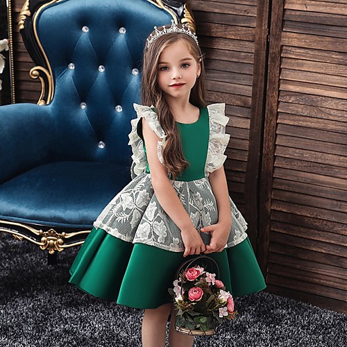 

Princess / Ball Gown Knee Length Wedding / Party Flower Girl Dresses - Satin / Tulle Cap Sleeve Jewel Neck with Bow(s) / Color Block