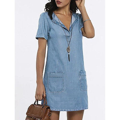 

Women's A-Line Dress Knee Length Dress - Short Sleeves Solid Color Summer V Neck Casual Denim 2020 Black Navy Blue Light Blue S M L XL XXL XXXL