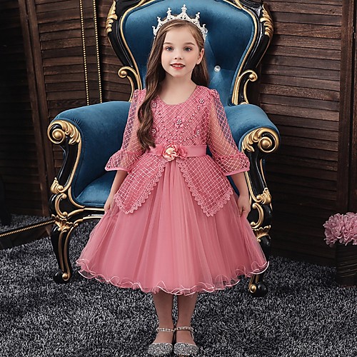 

Princess / Ball Gown Knee Length Wedding / Party Flower Girl Dresses - Tulle Long Sleeve Jewel Neck with Sash / Ribbon / Bow(s) / Beading