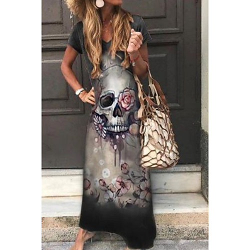 

Women's A-Line Dress Maxi long Dress - Short Sleeves Floral Print Summer Casual 2020 Black S M L