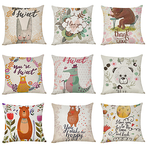 

9 pcs Linen Pillow Cover, Cartoon Pastoral Animals Casual Modern Square Traditional Classic