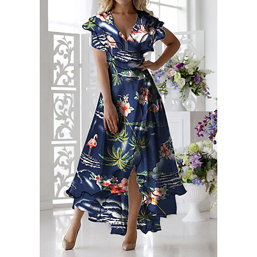 

Women's A-Line Dress Midi Dress - Short Sleeves Floral Print Summer Casual Daily 2020 Blue M L XL XXL XXXL