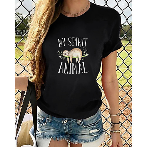 

Women's T shirt Graphic Print Round Neck Basic Tops Cotton Black
