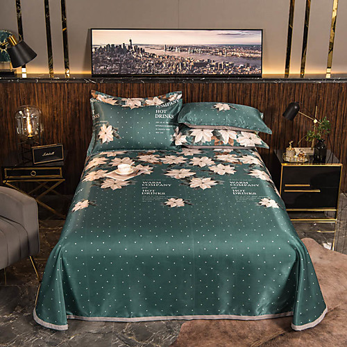 

Summer Mat - 3-Piece Set / 1 Bed Sheet and 2 Pillowcases / Ultra Silky Soft Polyester / Modern Floral Printed / Dark Green