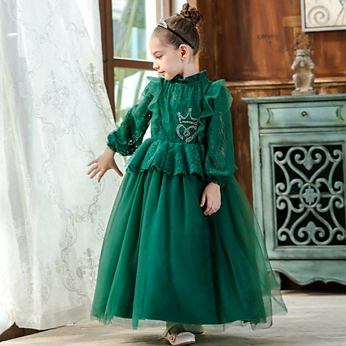 

Princess / Ball Gown Ankle Length Wedding / Party Flower Girl Dresses - Lace / Tulle Long Sleeve High Neck with Pleats / Beading