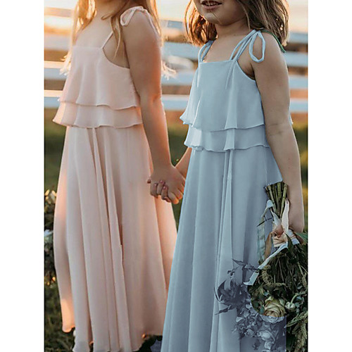 

A-Line Floor Length Junior Bridesmaid Dress Wedding Chiffon Sleeveless Strap with Side Draping / First Communion