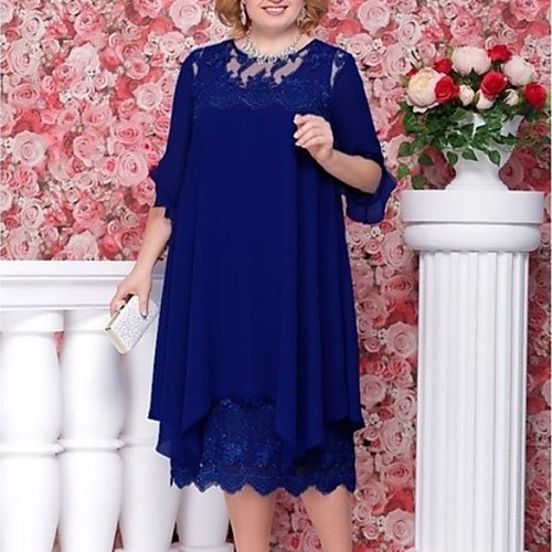 

Women's Chiffon Dress Midi Dress - Half Sleeve Solid Color Summer Chinoiserie 2020 Blue Light Blue L XL XXL XXXL XXXXL XXXXXL