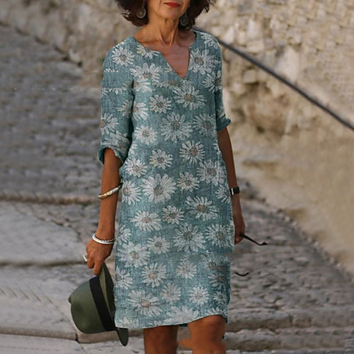 

Women's Shift Dress Knee Length Dress - 3/4 Length Sleeve Floral Summer Casual 2020 Blue Yellow S M L XL XXL XXXL XXXXL XXXXXL