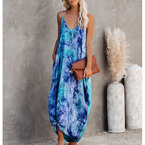 

Women's Strap Dress Maxi long Dress - Sleeveless Tie Dye Solid Color Summer Casual Sexy 2020 White Blue Dusty Blue Light Green Light Blue S M L XL XXL