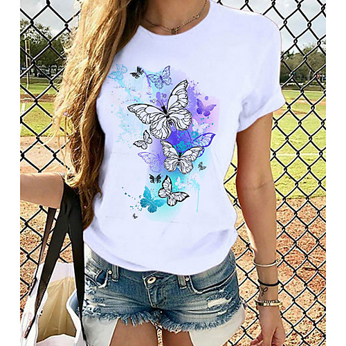 

Women's T shirt Butterfly Graphic Prints Round Neck Tops 100% Cotton White