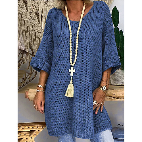 

Women's Solid Colored Long Sleeve Pullover Sweater Jumper, V Neck Blue / Khaki / Green S / M / L