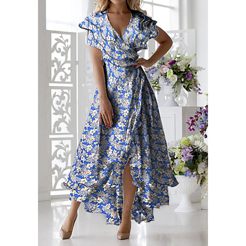 

Women's A-Line Dress Midi Dress - Short Sleeves Floral Print Summer Casual Daily 2020 Blue M L XL XXL XXXL