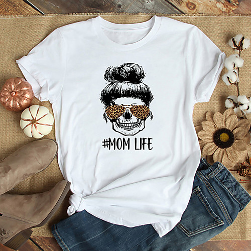 

Women's T shirt Graphic Leopard Text Print Round Neck Basic Tops 100% Cotton White