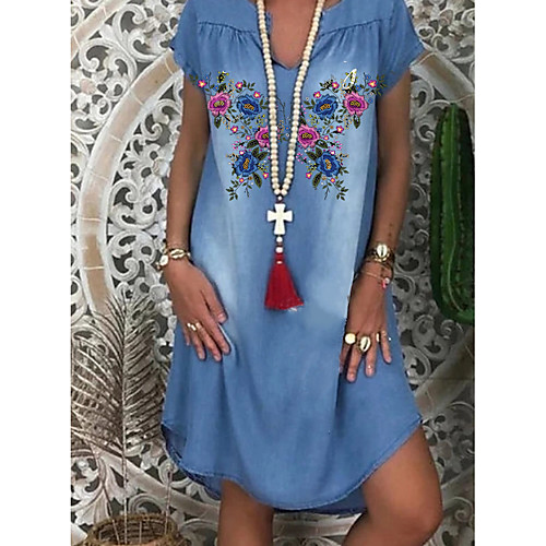 

Women's Denim Dress Knee Length Dress Blue Short Sleeve Floral Print Summer V Neck Hot Casual 2021 M L XL XXL 3XL