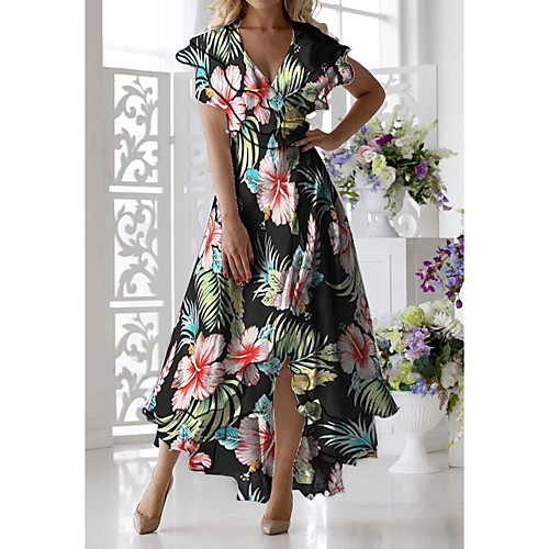 

Women's A-Line Dress Midi Dress - Short Sleeves Floral Print Summer Casual Daily 2020 Black M L XL XXL XXXL