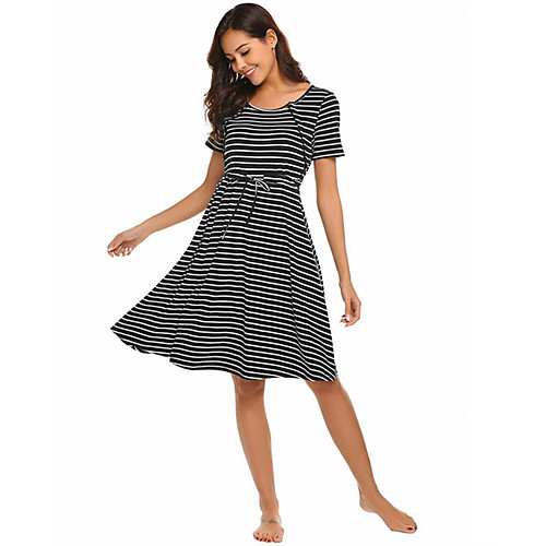 

Women's A-Line Dress Knee Length Dress - Short Sleeves Striped Summer Casual Chinoiserie 2020 Black Dark Gray S M L XL XXL