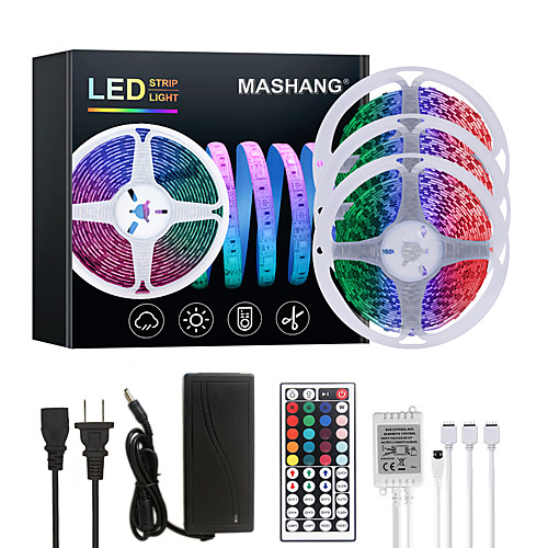 

15M(3x5M) LED Strip Lights RGB Tiktok Lights 900LEDs Flexible Color Change SMD 5050 with 44 Keys IR Remote Controller and 100-240V Adapter for Home Bedroom Kitchen TV Back Lights DIY Deco