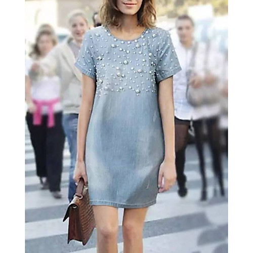 

Women's A-Line Dress Denim Knee Length Dress - Short Sleeves Color Block Summer Work Denim 2020 Light Blue S M L XL XXL XXXL XXXXL