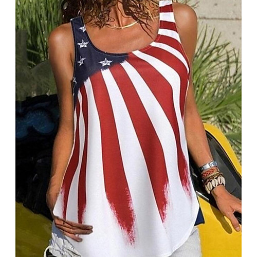 

Women's Independence Day Blouse Tank Top USA American Flag Stars and Stripes Round Neck Tops White