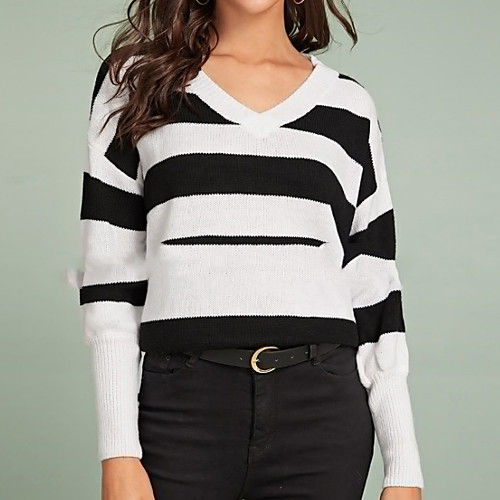 

Women's Striped Long Sleeve Pullover Sweater Jumper, V Neck White S / M / L