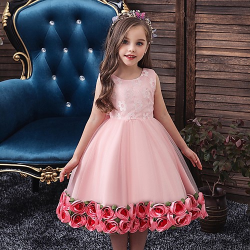 

Princess / Ball Gown Knee Length Wedding / Party Flower Girl Dresses - Tulle Sleeveless Jewel Neck with Bow(s) / Pattern / Print / Flower