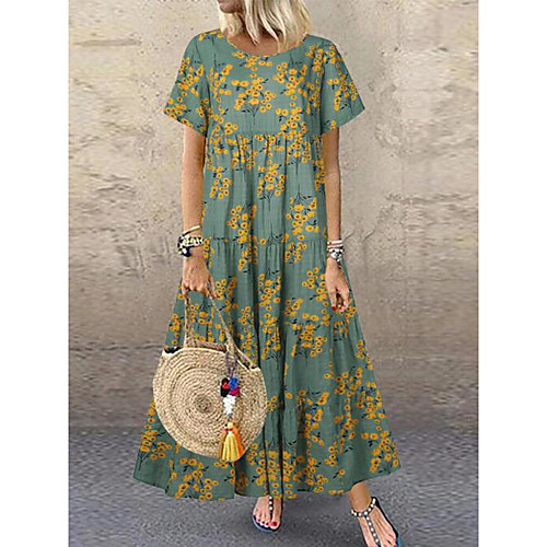 

Women's A-Line Dress Maxi long Dress - Short Sleeves Floral Summer Boho 2020 Green Gray S M L XL XXL XXXL
