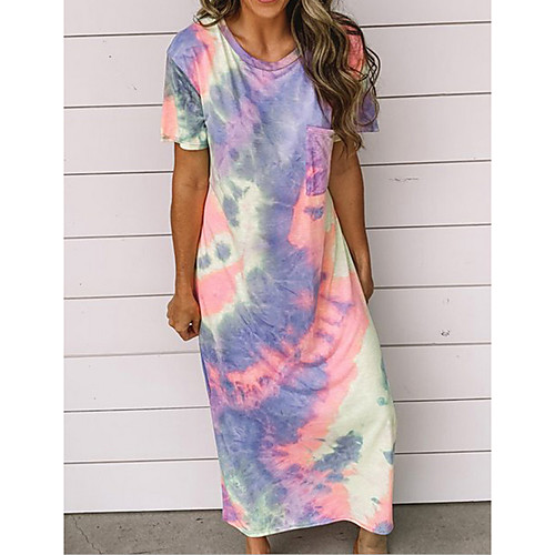 

Women's Shift Dress Midi Dress - Short Sleeves Tie Dye Summer Casual Chinoiserie 2020 Blue Gray S M L XL XXL