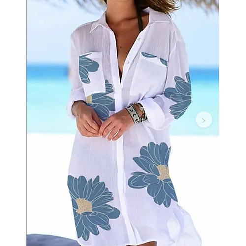 

Women's Shirt Dress Knee Length Dress - Long Sleeve Print Summer Casual Mumu 2020 White S M L XL XXL XXXL