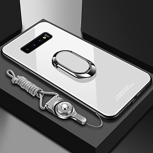 

Samsung S20 Ultra Solid Color Glass Back Cover Mobile Phone Case S10Plus With Ring Bracket With Diagonal Lanyard Note9 Note8 Protective Case