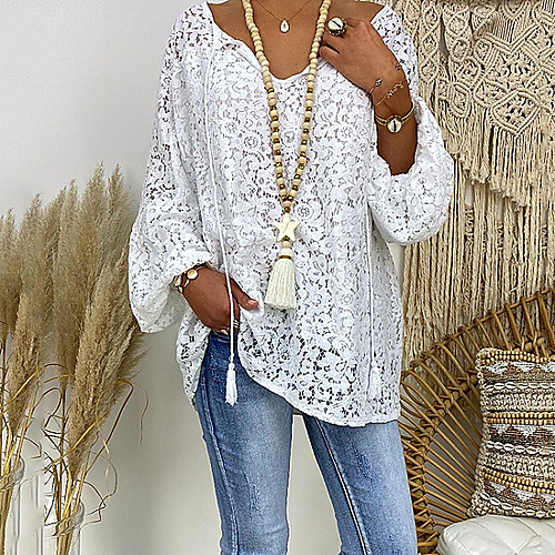 

Women's Floral Lace Hollow Out Loose Blouse - Lace Casual Daily V Neck White