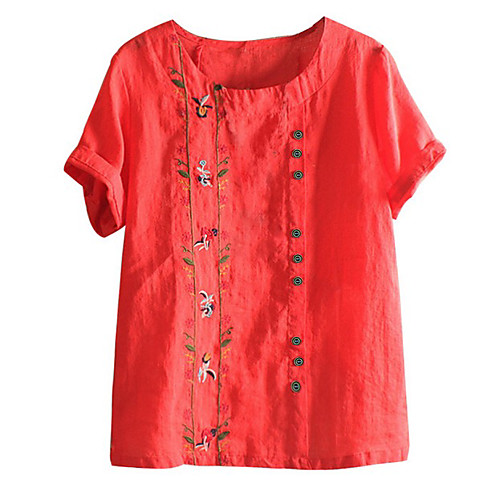 

Women's Blouse Shirt Floral Flower Round Neck Tops White Red Green