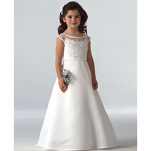 

A-Line Floor Length Flower Girl Dresses Party Lace Sleeveless Jewel Neck with Beading