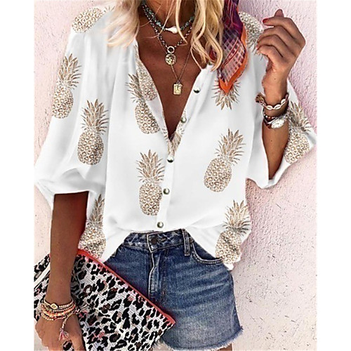 

Women's Blouse Shirt Pattern Fruit Long Sleeve Standing Collar Elegant Streetwear Tops White Red Gray