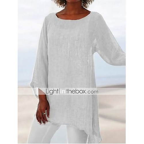 

Women's Tunic Blouse Shirt Solid Colored Long Sleeve Round Neck Tops White Black Blue