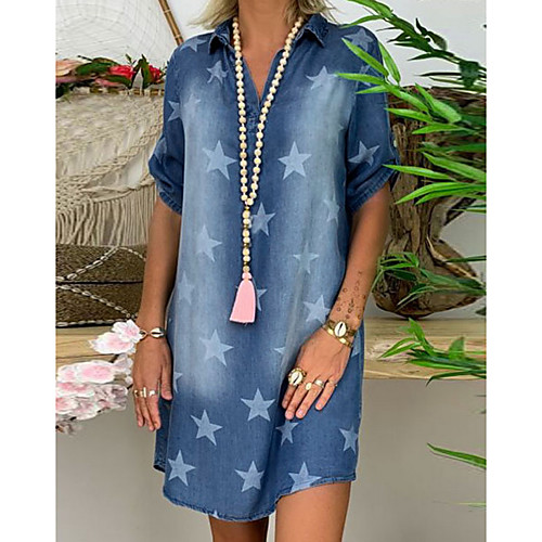 

Women's Denim Dress Short Mini Dress Blue Light Blue Short Sleeve Star Print Summer V Neck Hot Casual Loose 2021 S M L XL XXL 3XL