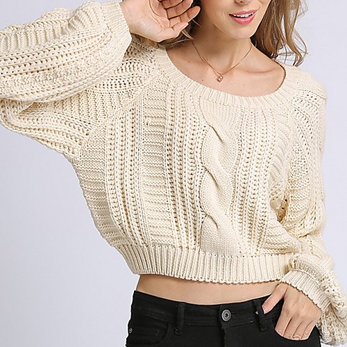 

Women's Solid Colored Long Sleeve Pullover Sweater Jumper, Round Neck Beige S / M / L