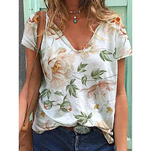

Women's T shirt Floral Flower Print V Neck Tops Cotton White