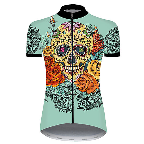 

21Grams Women's Short Sleeve Cycling Jersey Summer Nylon Polyester Green / Yellow Sugar Skull Skull Floral Botanical Bike Jersey Top Mountain Bike MTB Road Bike Cycling Ultraviolet Resistant Quick