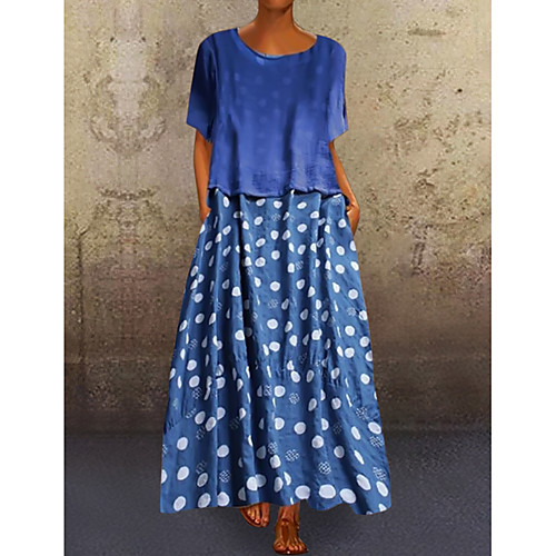 

Women's Loose Maxi long Dress Blue Black Short Sleeve Polka Dot Print Spring & Summer Round Neck Hot Plus Size Abaya Holiday Loose 2021 L XL XXL 3XL 4XL 5XL